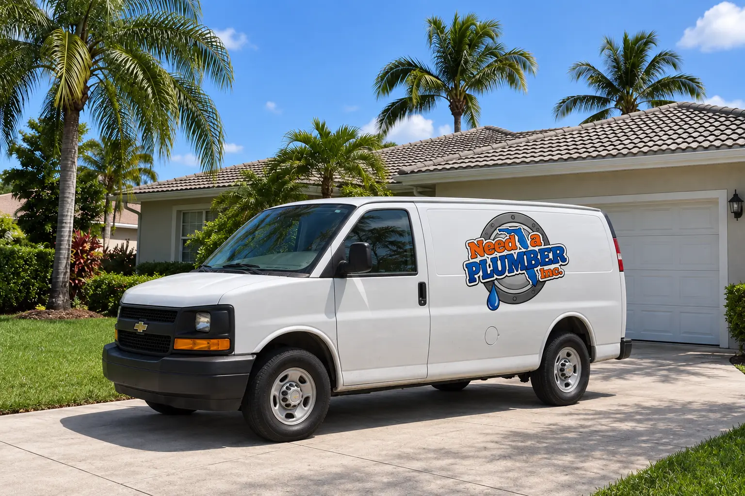 Need a Plumber, Inc. service van parked at a South Florida home